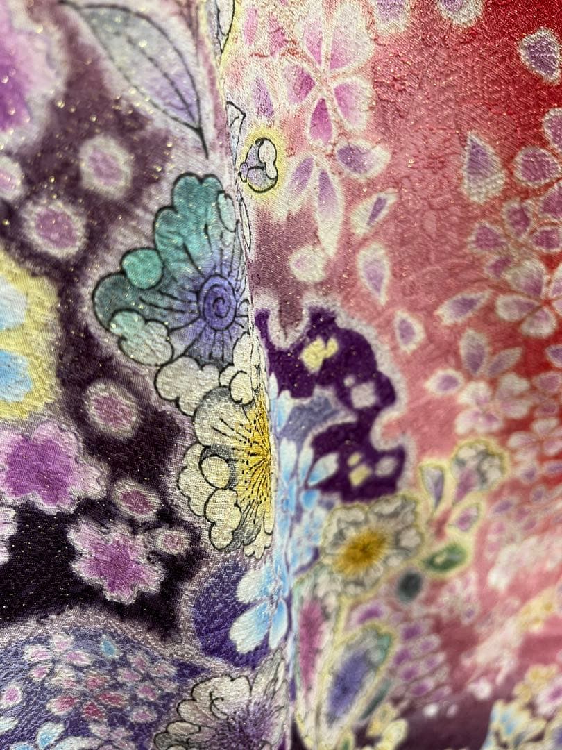 美品★中古　振袖　仕立て上がり　赤　辻ヶ花　B25