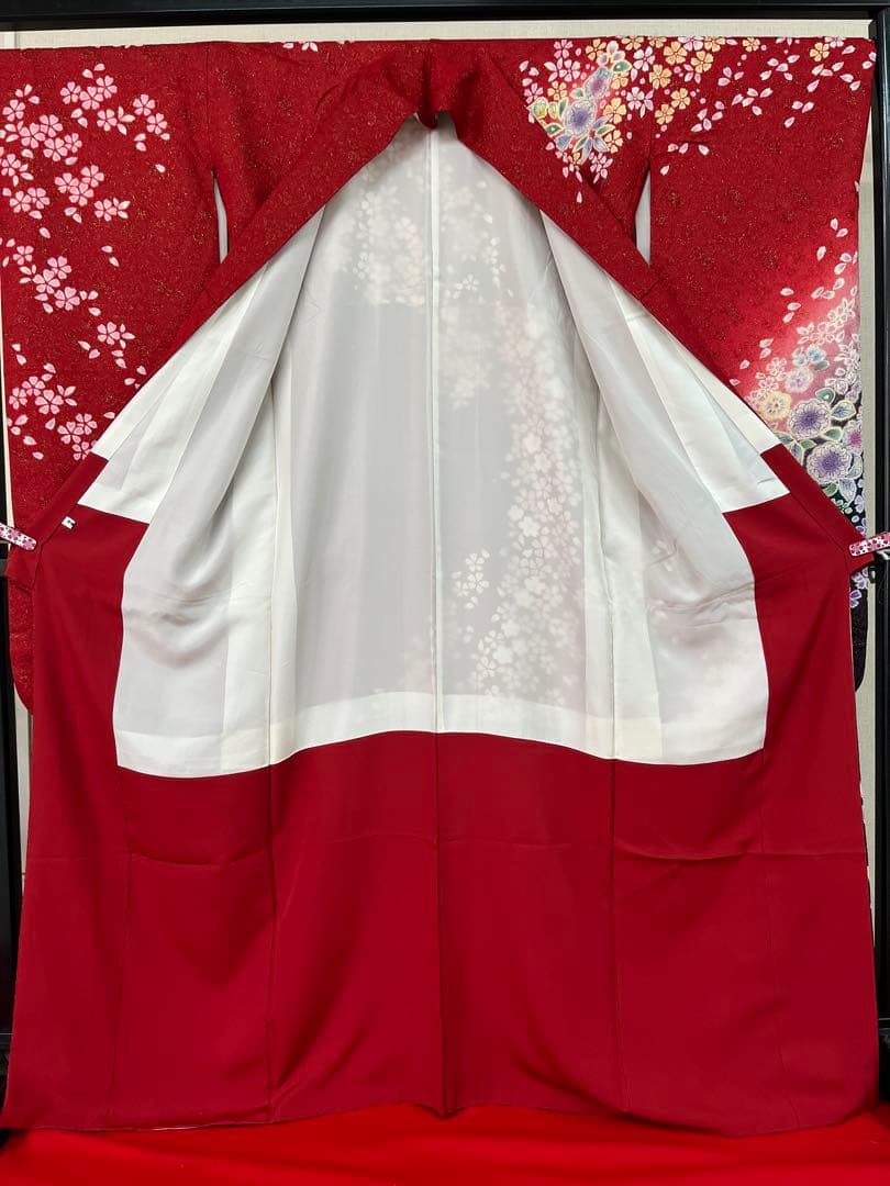 美品★中古　振袖　仕立て上がり　赤　辻ヶ花　B25