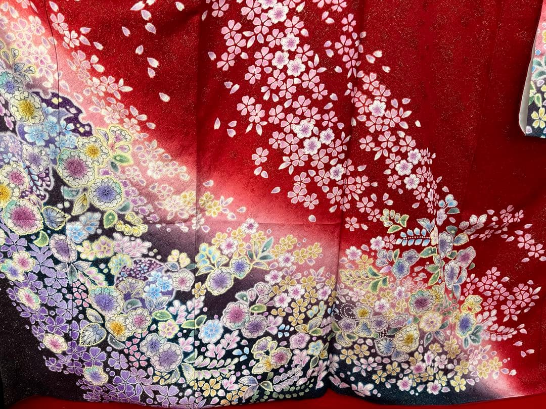美品★中古　振袖　仕立て上がり　赤　辻ヶ花　B25