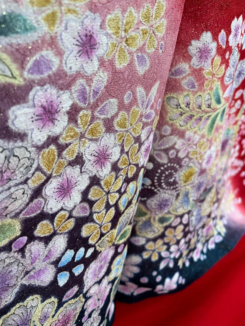 美品★中古　振袖　仕立て上がり　赤　辻ヶ花　B25