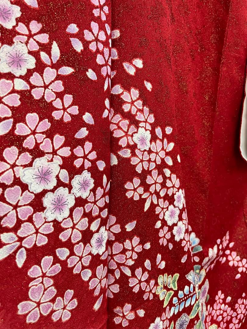 美品★中古　振袖　仕立て上がり　赤　辻ヶ花　B25