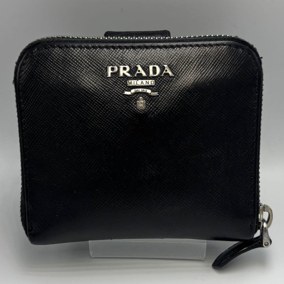 PRADA ミラノ メンズ エナメル レザー ラウンドジップ財布 ブラック