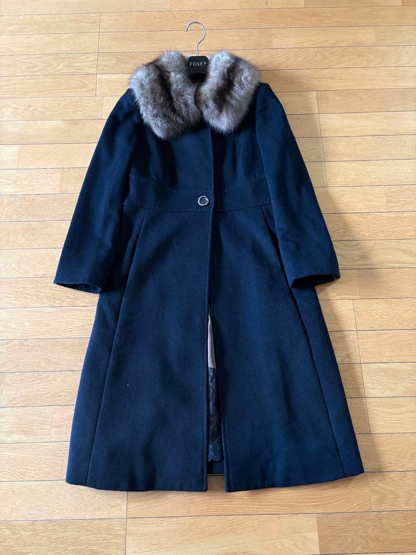 FOXEY カシミヤ コート ロシアンセーブル　38サイズ　ネイビー