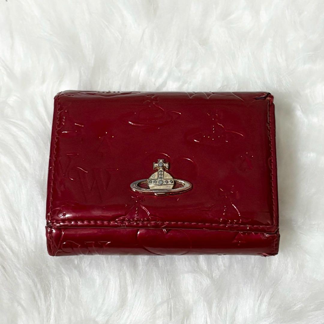 【美品】ヴィヴィアン エナメル×レザー 二つ折り財布 オーブ ロゴ レッド