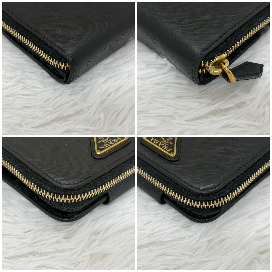 美品✨プラダ 二つ折り財布 レザー サフィアーノ 金ロゴ 三角ロゴ 黒
