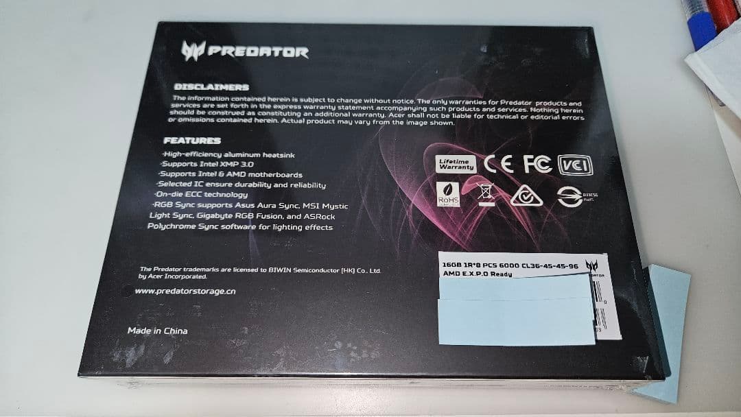 K*E様 Predator Vesta II DDR5 RGB 6000MHz(
