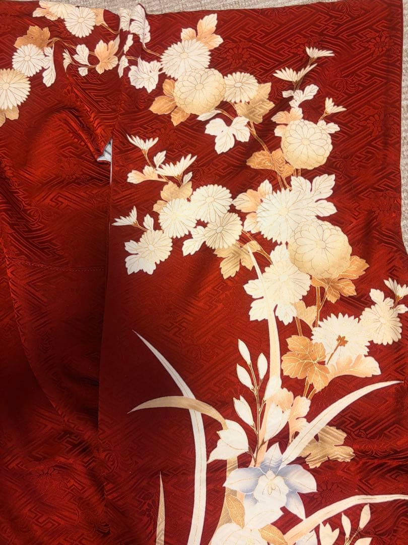 ノ*ー様 【美品/トールサイズ】圧巻の振袖 古典柄 真紅の生地に鞘型の地紋 白い
