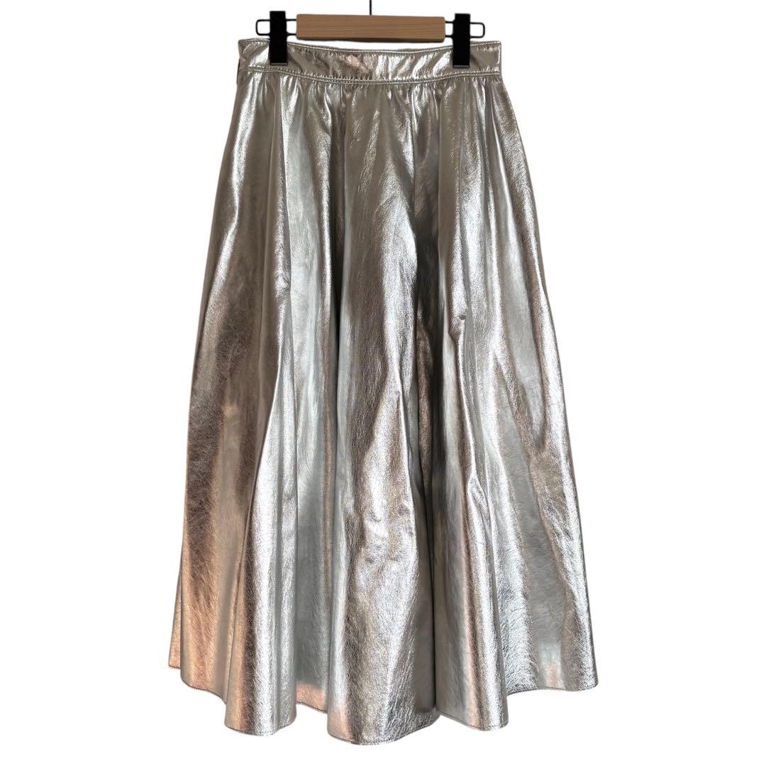 MSGM フェイクレザー ロングスカート メタリック シルバー