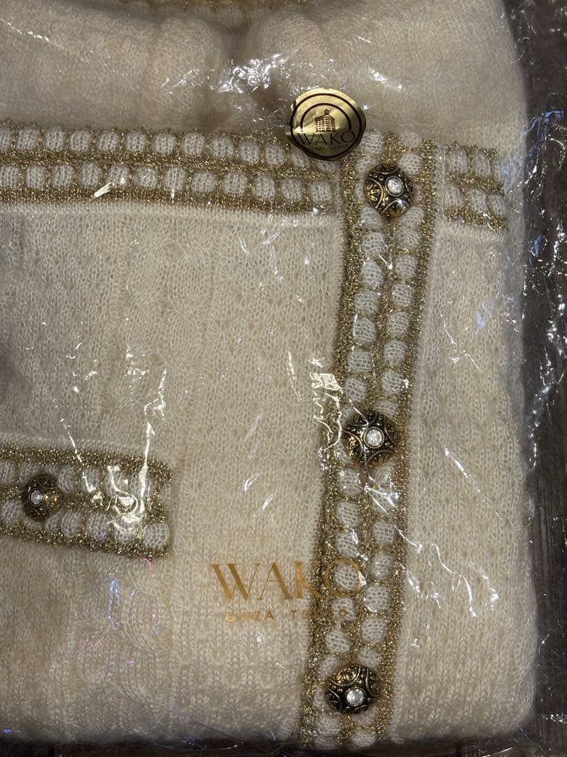 銀座・和光 WAKO ホワイト ニット カーディガン ゴールドボタン刺繍 レトロ