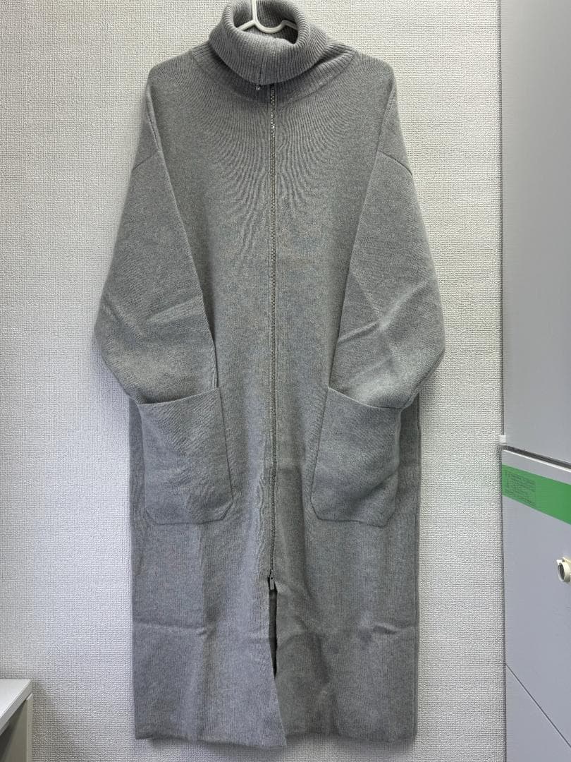 カシミヤ100％ ロングニットコート タートルネック LLサイズ グレー 上質