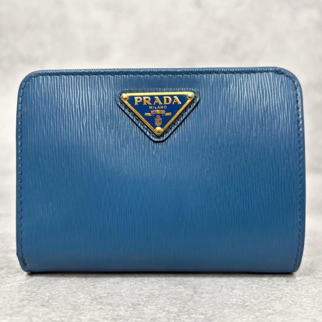 極美品/RFID プラダ 折り財布 ヴィッテロムーブ レザー 三角ロゴ ブルー