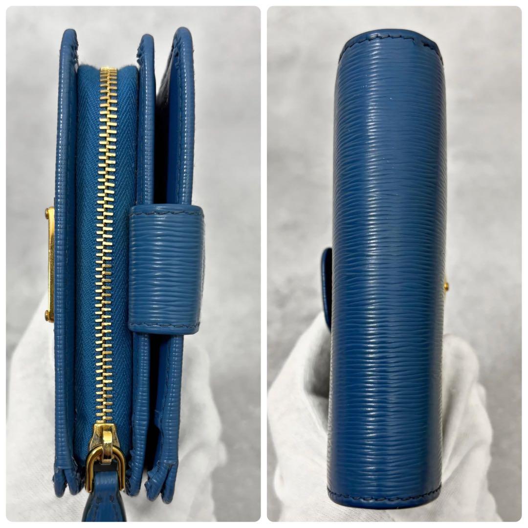 極美品/RFID プラダ 折り財布 ヴィッテロムーブ レザー 三角ロゴ ブルー