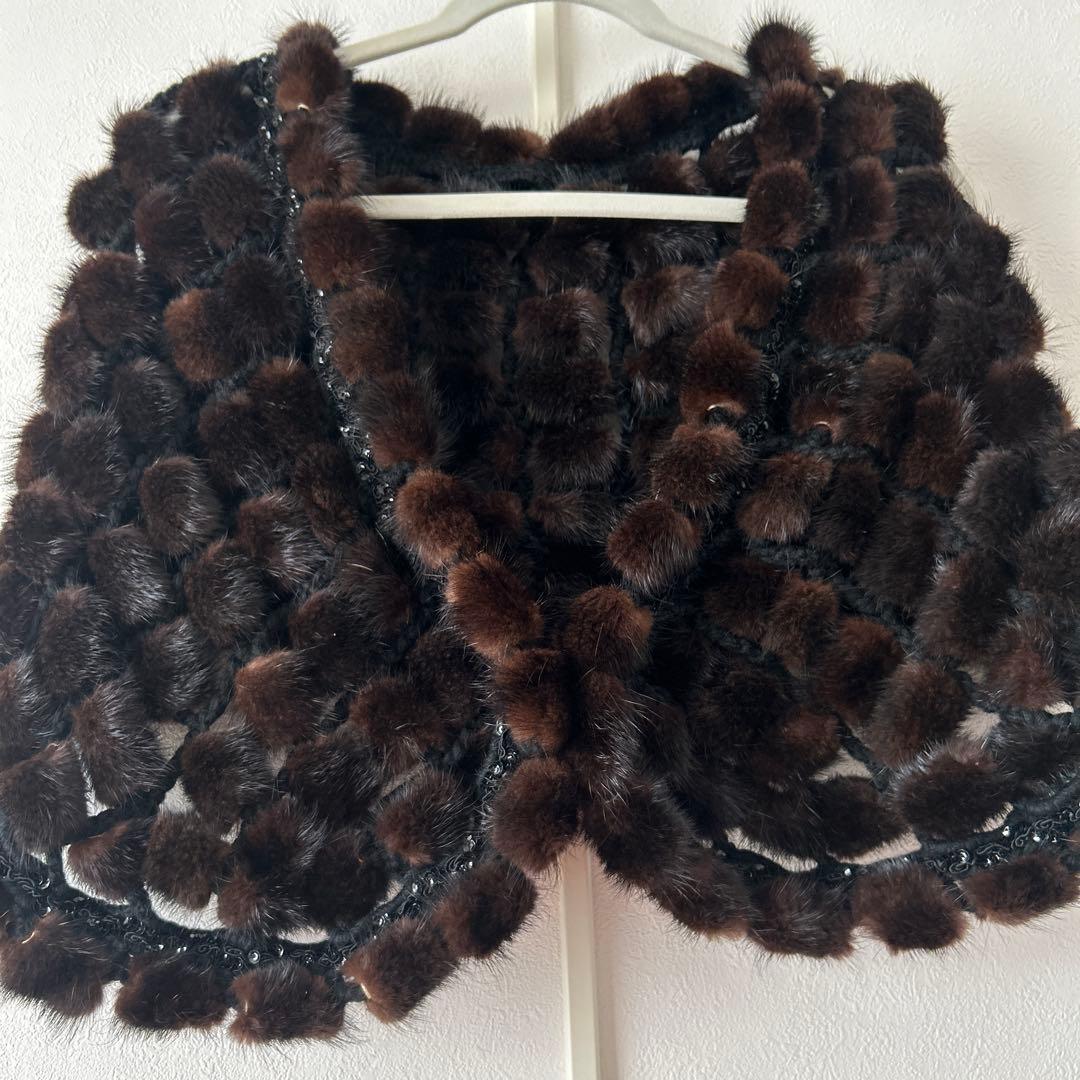 美品❣️ ブラックブラウン　ファー　パッチワークストール　マフラー