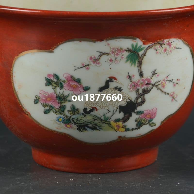 沙紅開窓ツル花鳥図菖蒲鉢 山野草鉢 多肉植物 植木鉢 小品大品盆栽鉢 陶器鉢置物