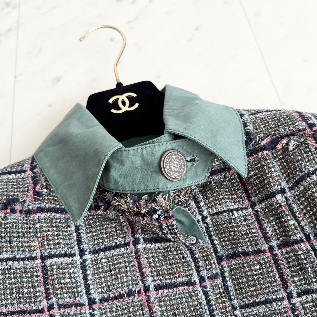 付属品付 CHANEL 2020 ツイード 異素材 ステンカラーコート カーキ