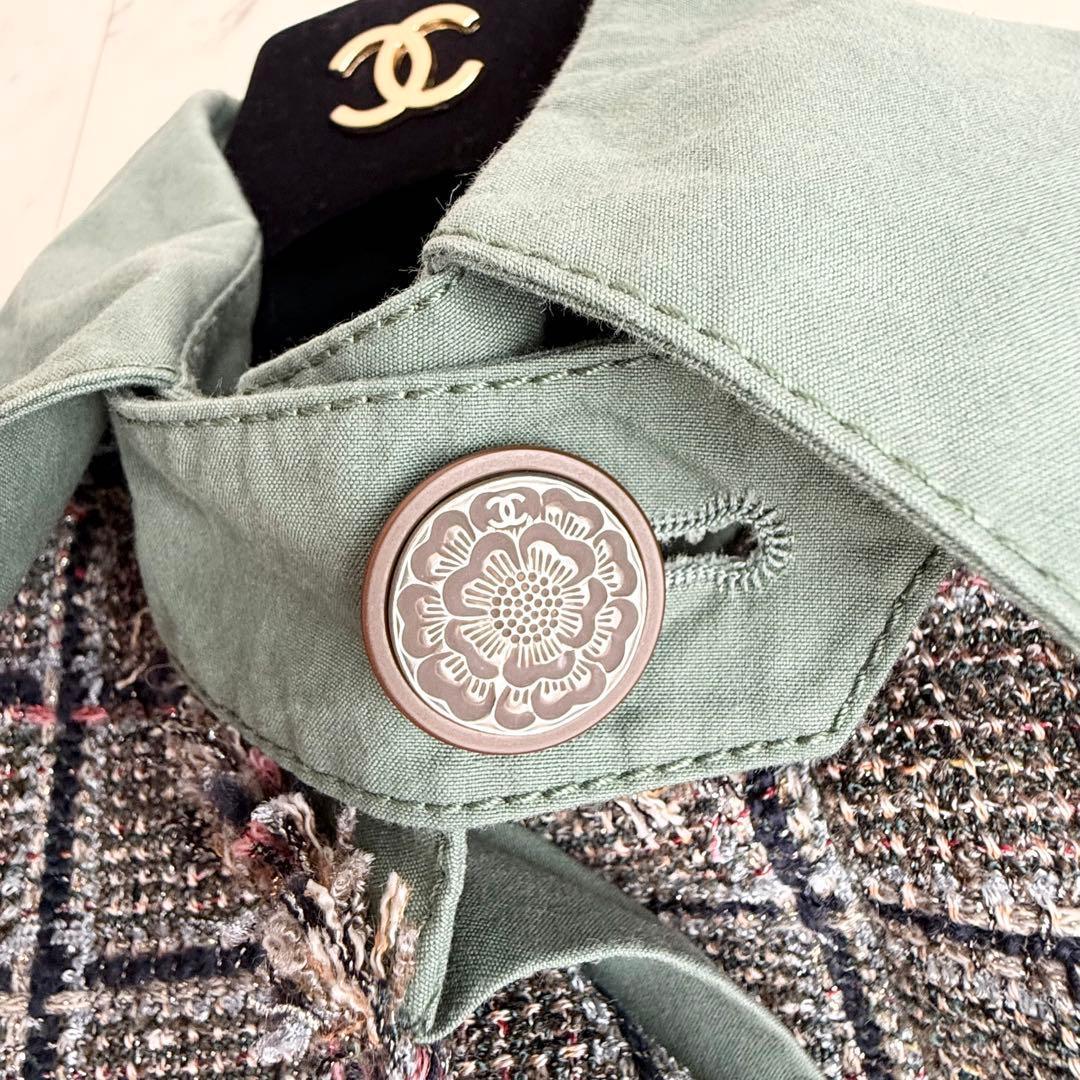 付属品付 CHANEL 2020 ツイード 異素材 ステンカラーコート カーキ