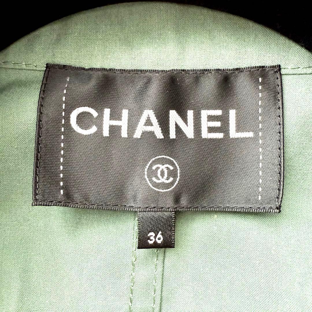 付属品付 CHANEL 2020 ツイード 異素材 ステンカラーコート カーキ