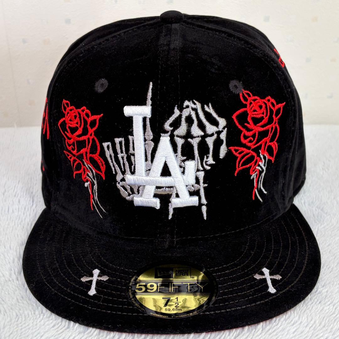新品 NEWERA LA Dodgers 7 1/2 黒 海外限定 薔薇 骸骨