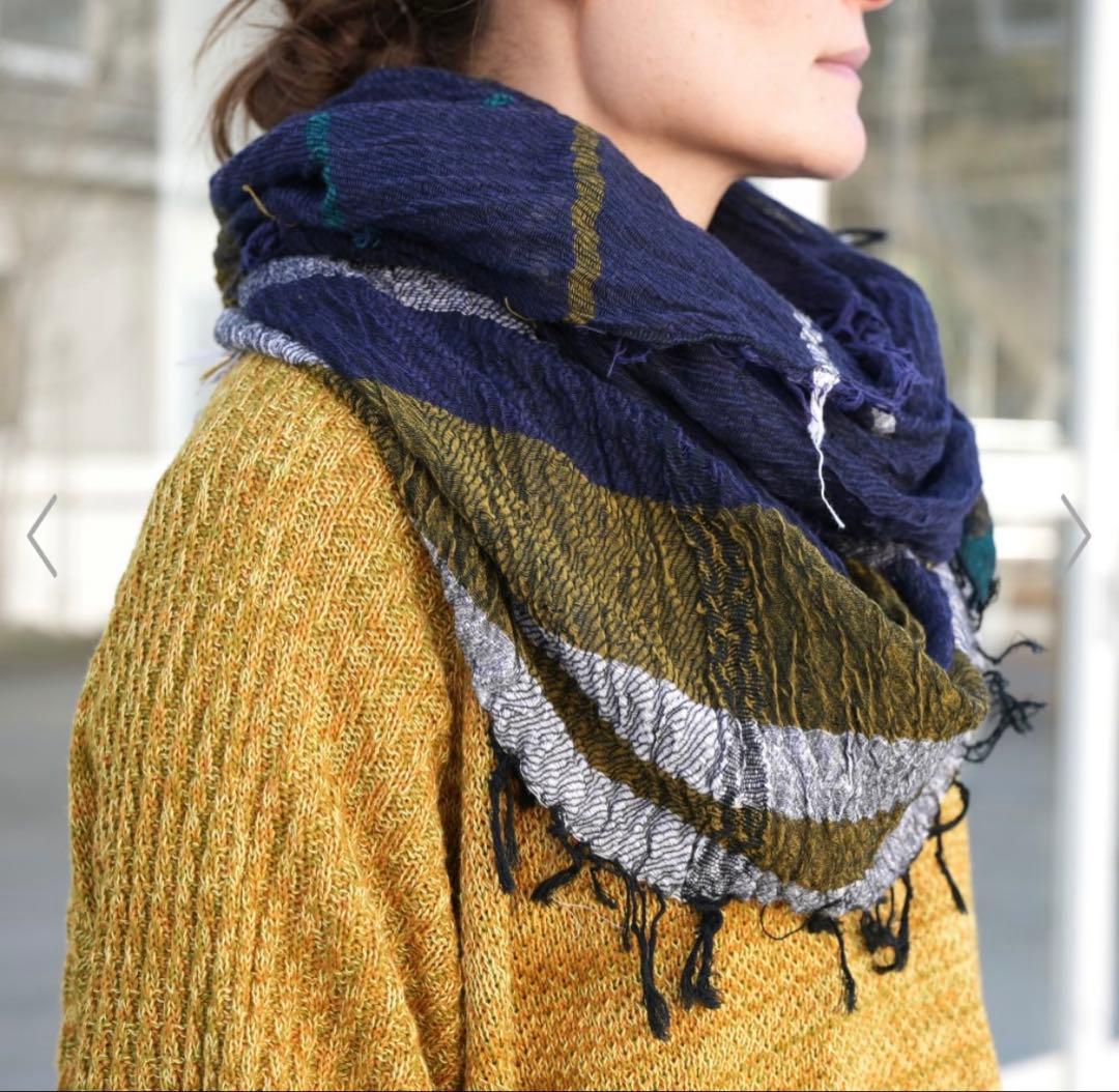 USED タマキニイメルーツショールshawl Big綿100% 緑/ターコイズ
