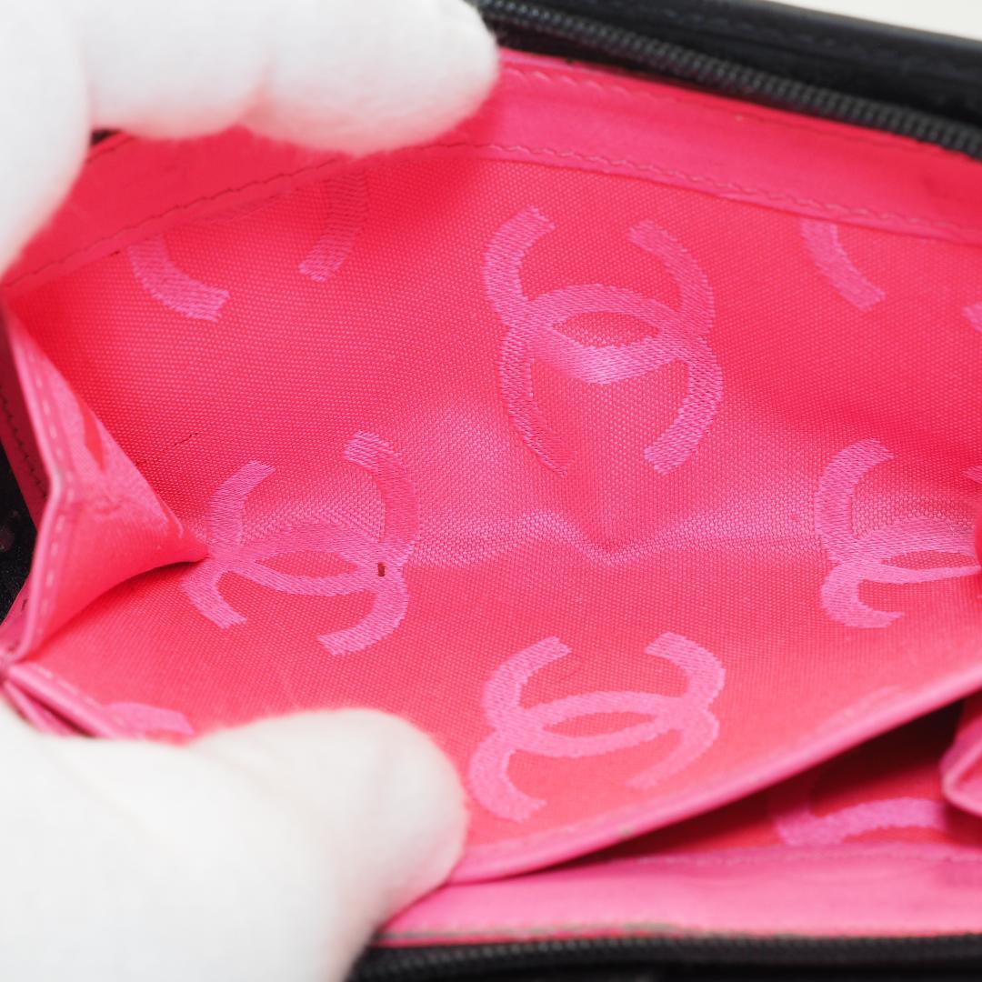 CHANEL シャネル カンボンライン ミドル 2つ折り財布 黒×ピンク