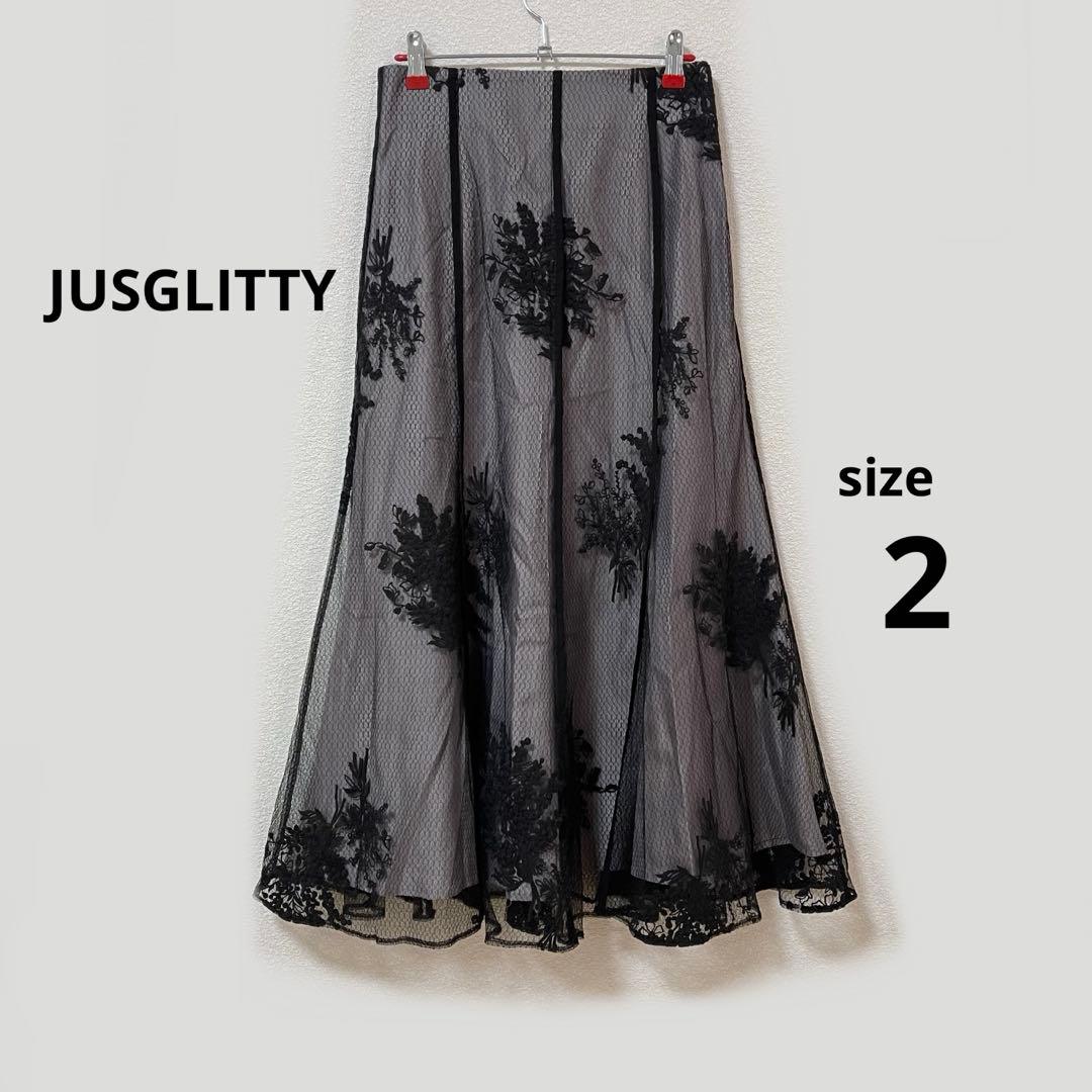 JUSGLITTY ミモザ刺繍マーメイドスカート　チュール　2 ブラック
