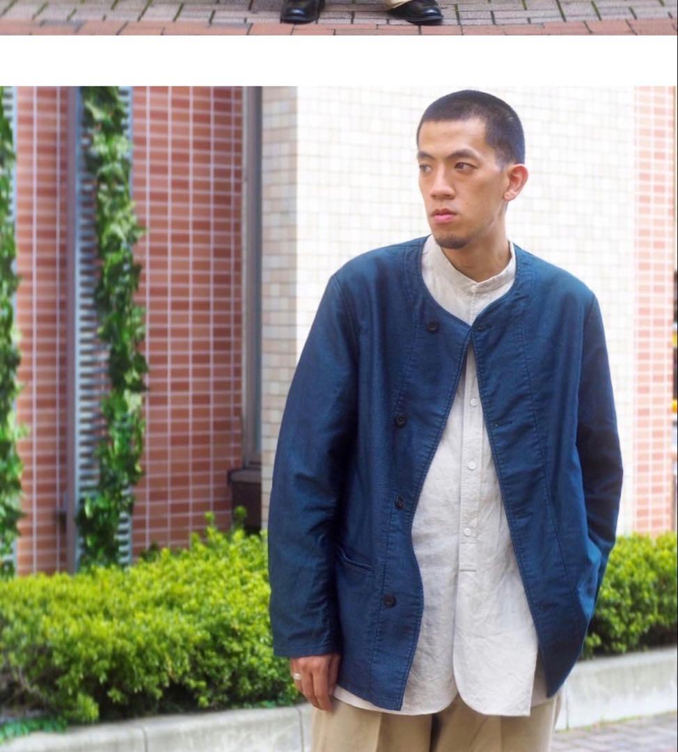 OUTIL veste antsiramana ノーカラージャケット　ストライプ