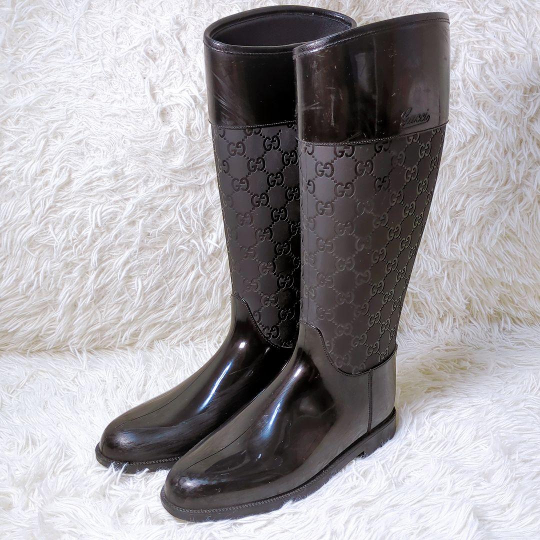 グッチ GUCCI GG柄 レインブーツ 長靴 ラバーブーツ ブラック 36