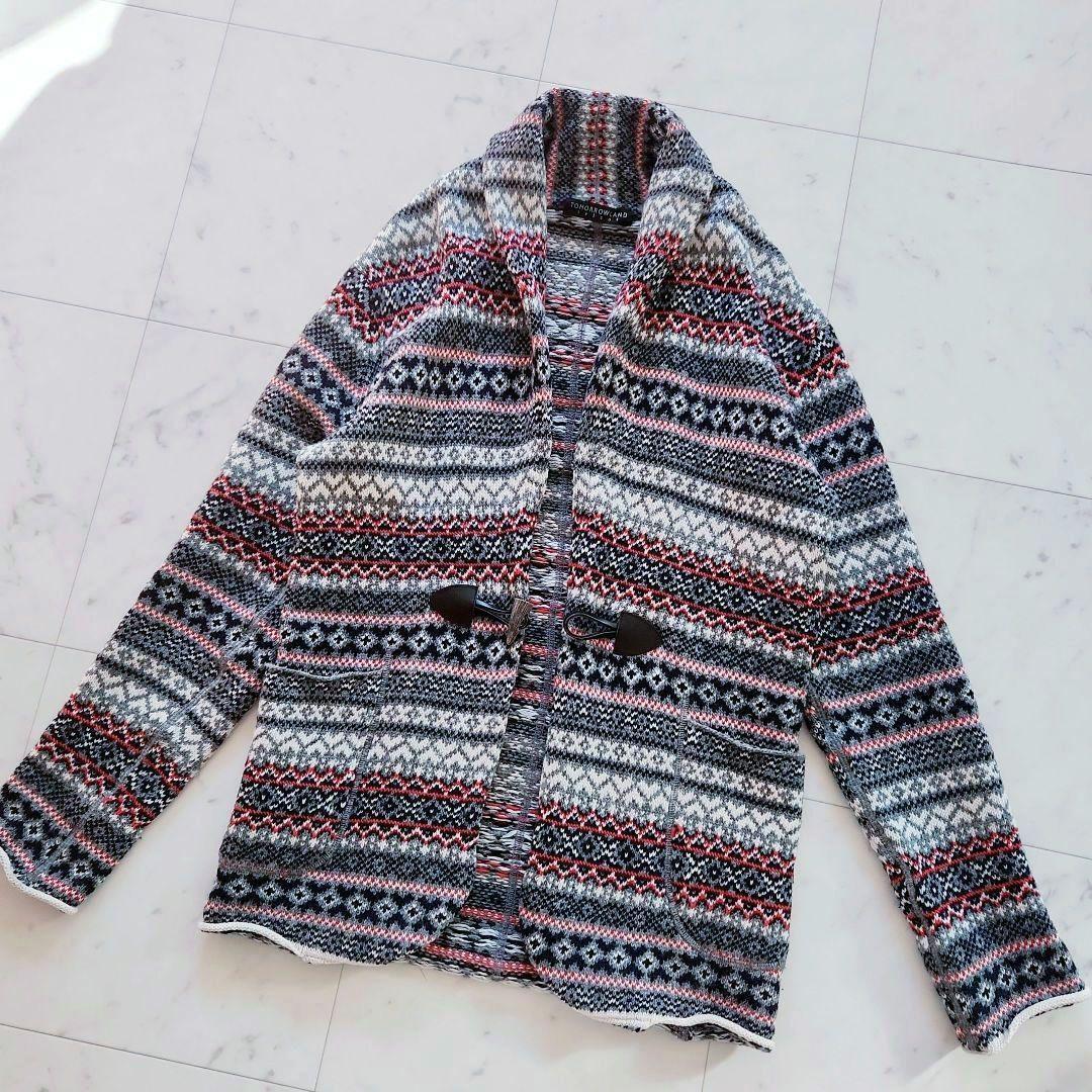 美品 トゥモローランド マフラー付きカーディガン 厚手 ウール 総柄 グレー系