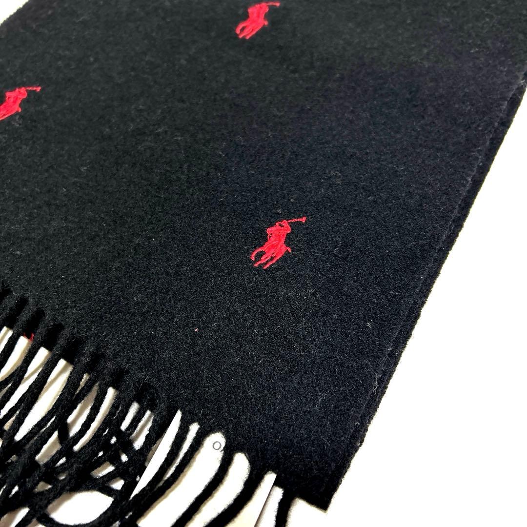 新品【ポロ ラルフローレン】カシミヤ混 ロゴ刺繍 フリンジ付き マフラー 黒