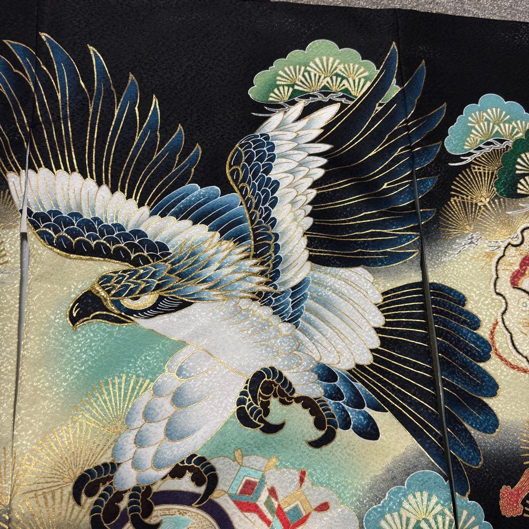 【新品/日本製】お宮参り 産着 男の子 合繊 洗える着物 金刺繍入 金彩 黒