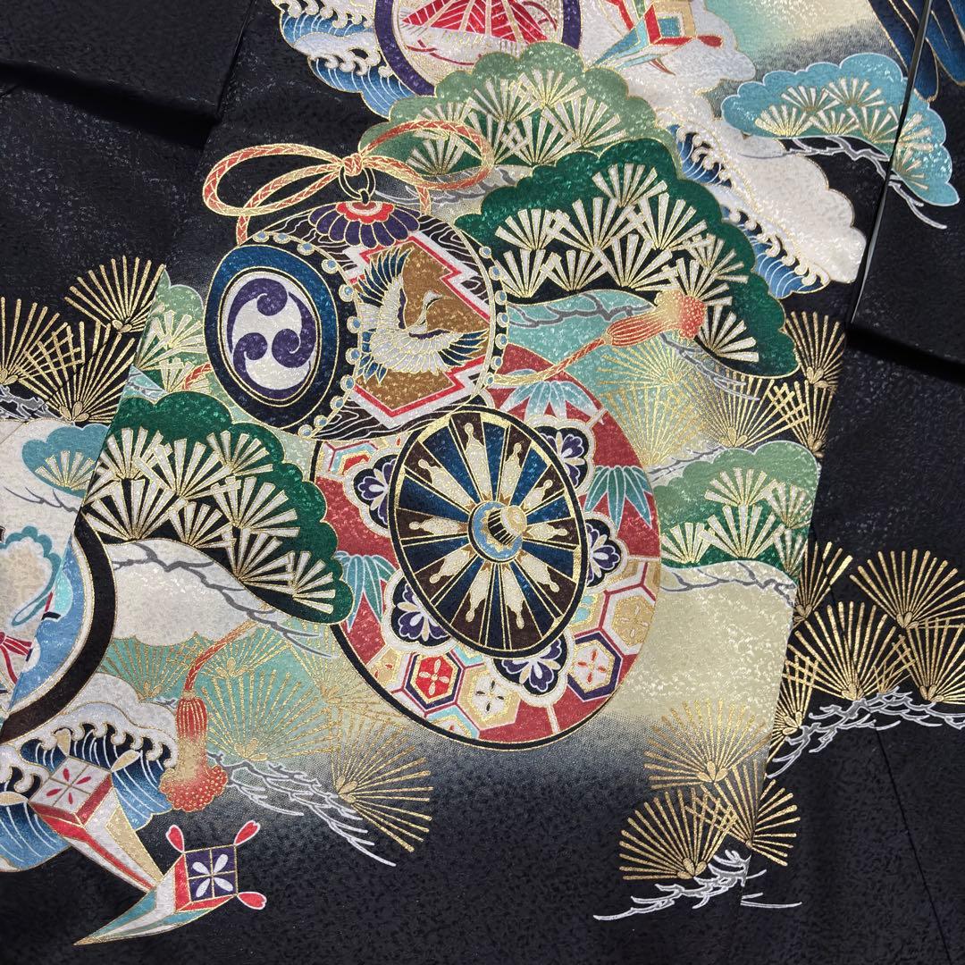【新品/日本製】お宮参り 産着 男の子 合繊 洗える着物 金刺繍入 金彩 黒