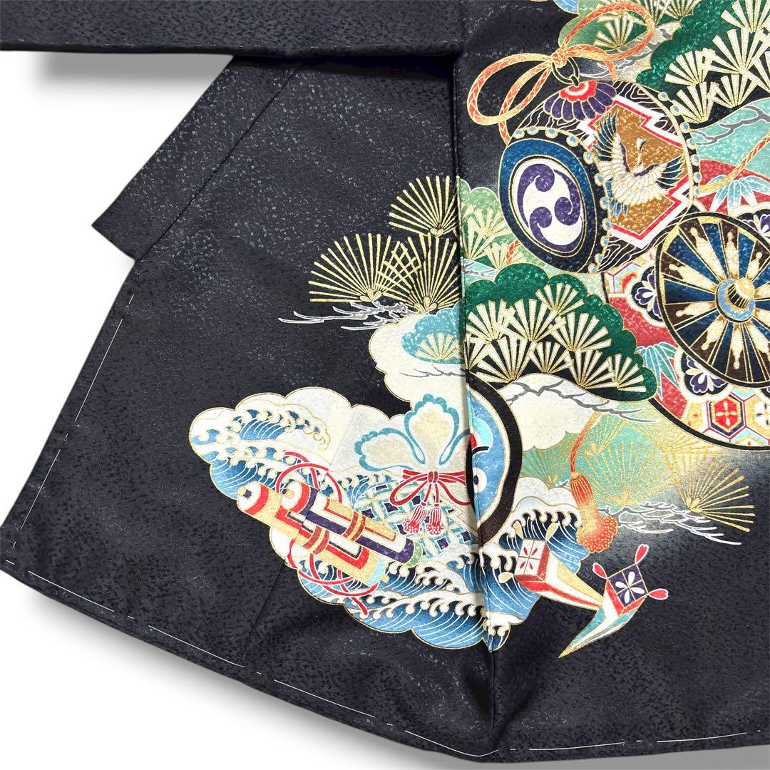 【新品/日本製】お宮参り 産着 男の子 合繊 洗える着物 金刺繍入 金彩 黒