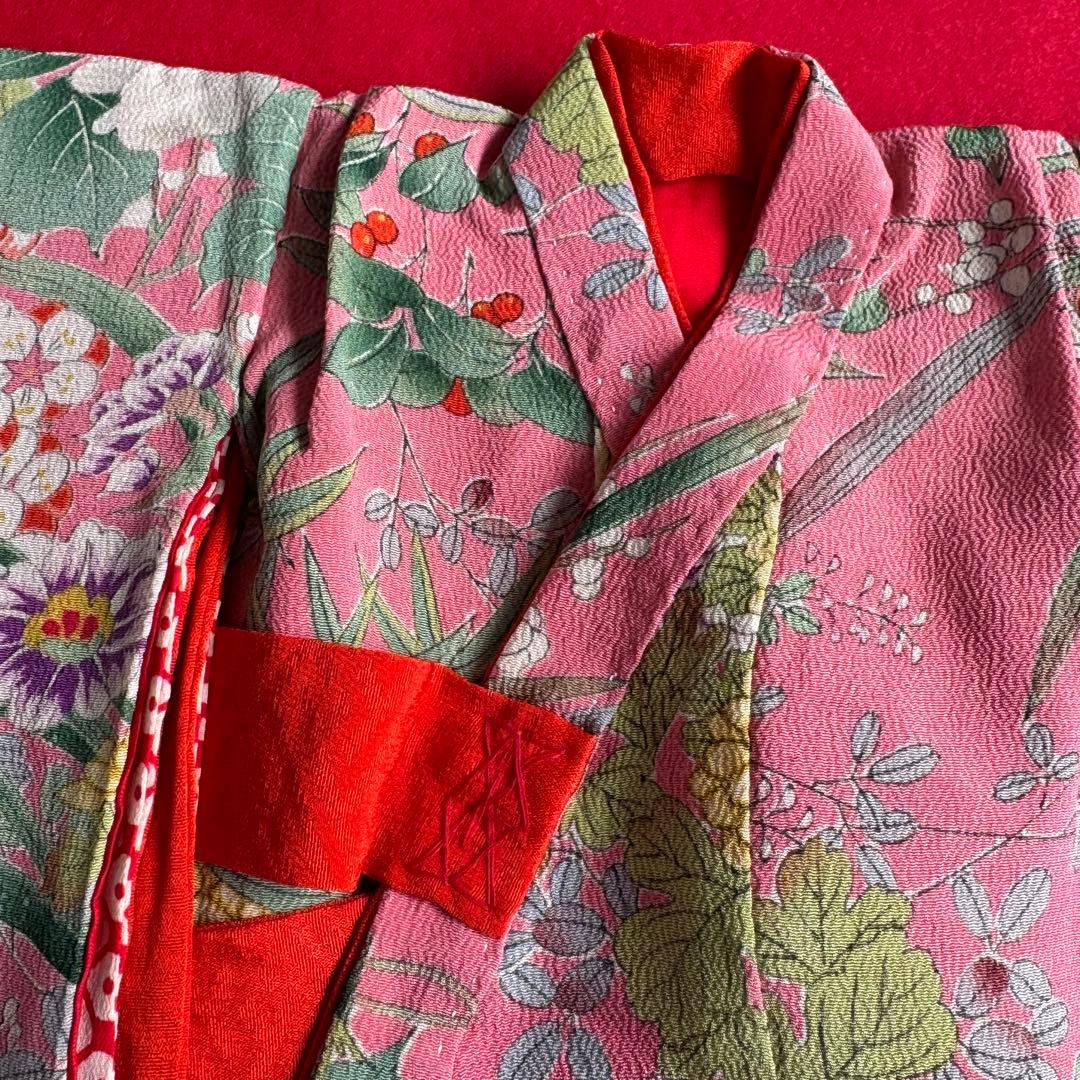 市松人形 12号(42cm)サイズの着物　比翼仕立てピンク桃色牡丹可愛く艶やかに