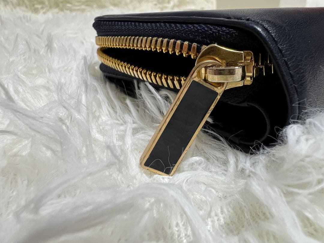 agnes b. ネイビー 二つ折り財布　レザー　ラウンドジップ