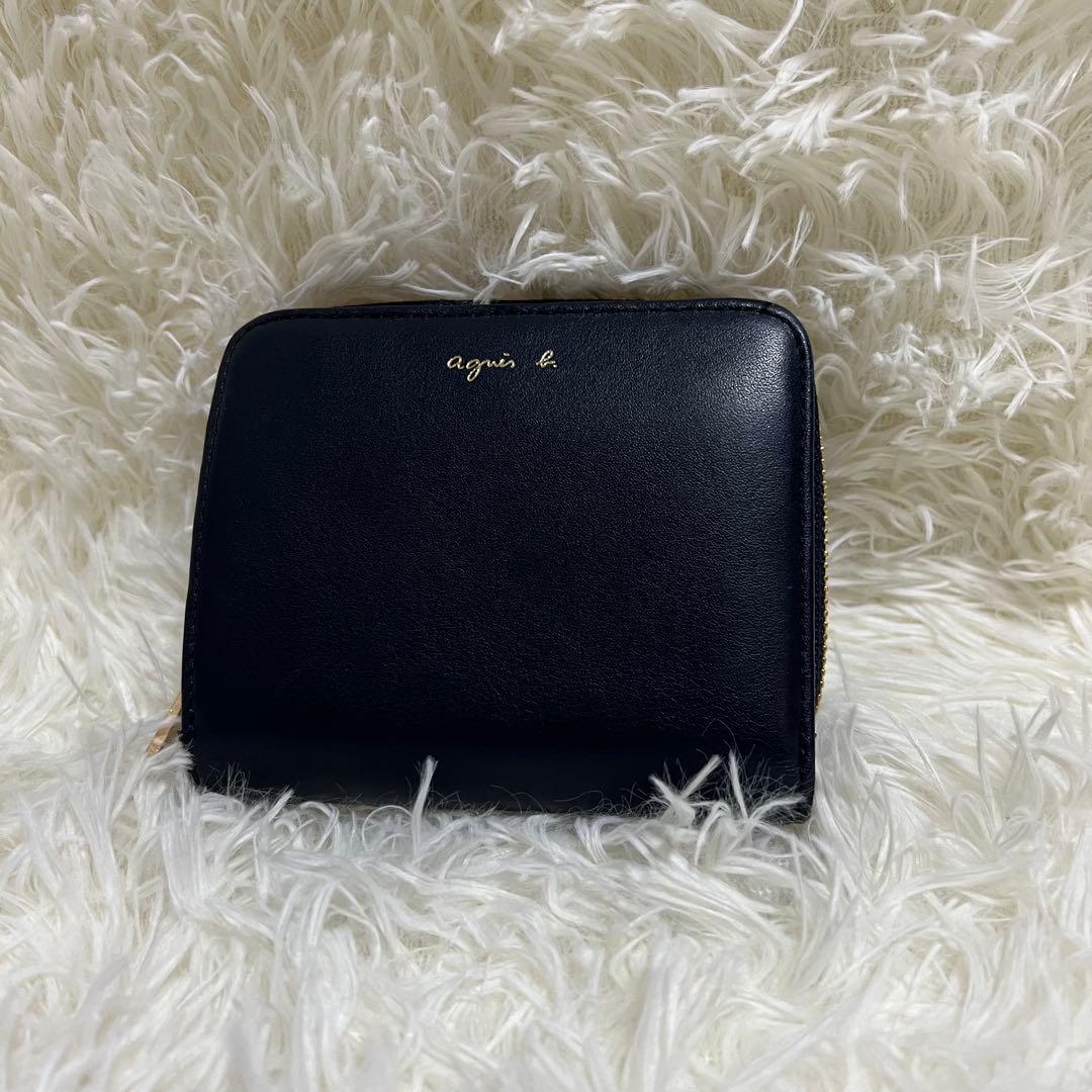 agnes b. ネイビー 二つ折り財布　レザー　ラウンドジップ