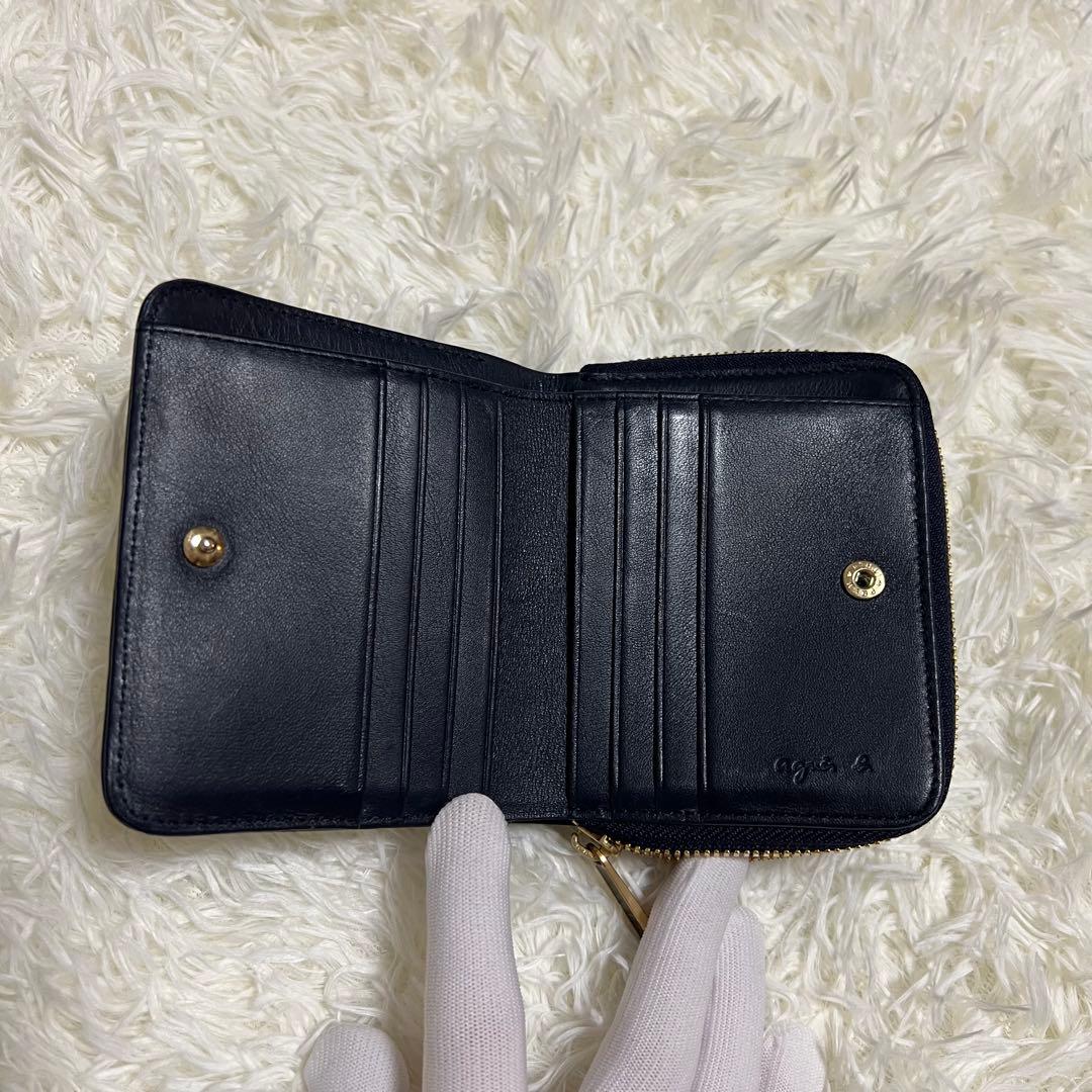 agnes b. ネイビー 二つ折り財布　レザー　ラウンドジップ