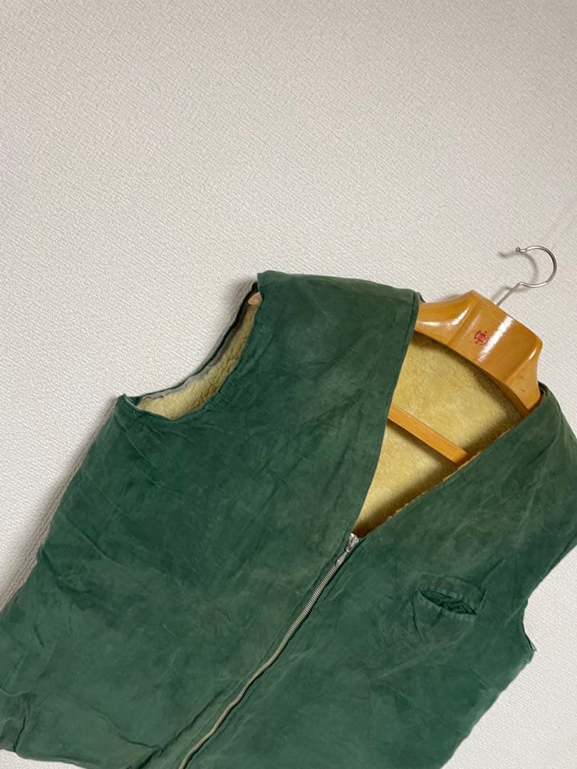 60s Euro vintage レザー ムートン ベスト グリーンカラー