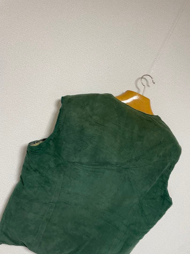 60s Euro vintage レザー ムートン ベスト グリーンカラー