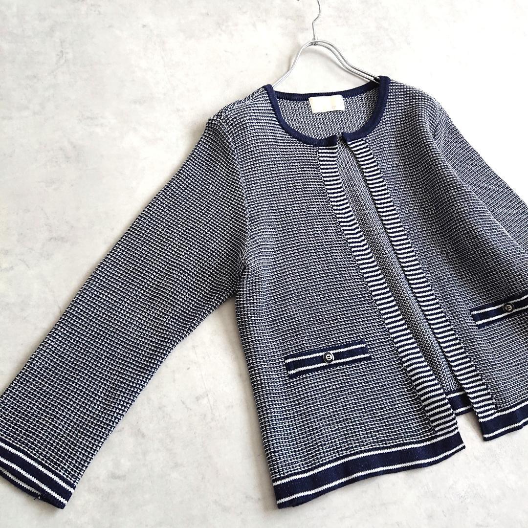美品■アンタイトル 大きいサイズ ノーカラーカーディガン ジャケット風 紺白