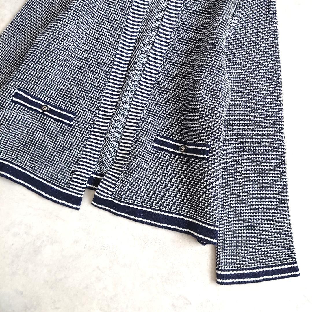 美品■アンタイトル 大きいサイズ ノーカラーカーディガン ジャケット風 紺白