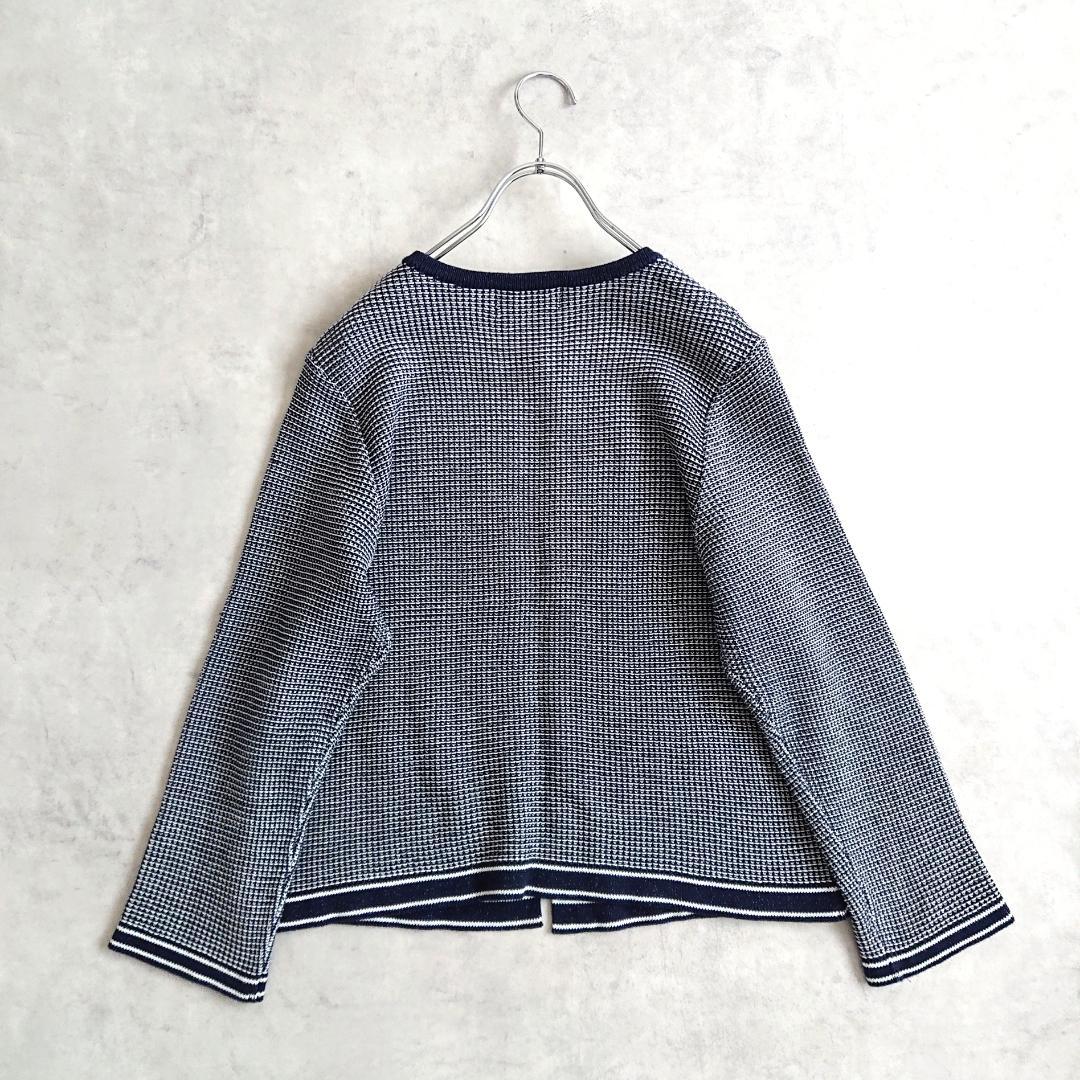 美品■アンタイトル 大きいサイズ ノーカラーカーディガン ジャケット風 紺白