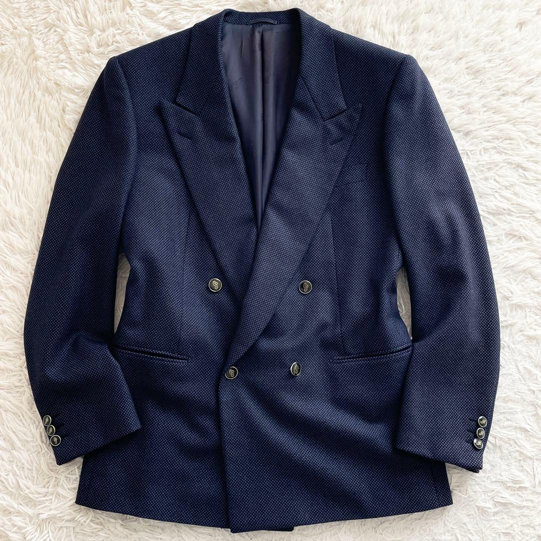 美品 イタリア製 Belvest 紺ブレ ダブルブレスト ロゴ装飾釦 Lサイズ