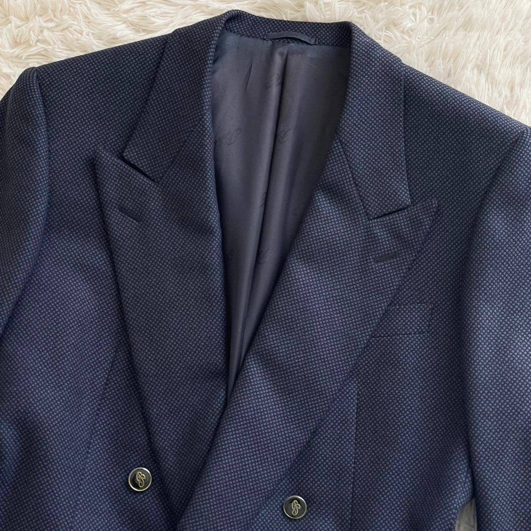 美品 イタリア製 Belvest 紺ブレ ダブルブレスト ロゴ装飾釦 Lサイズ