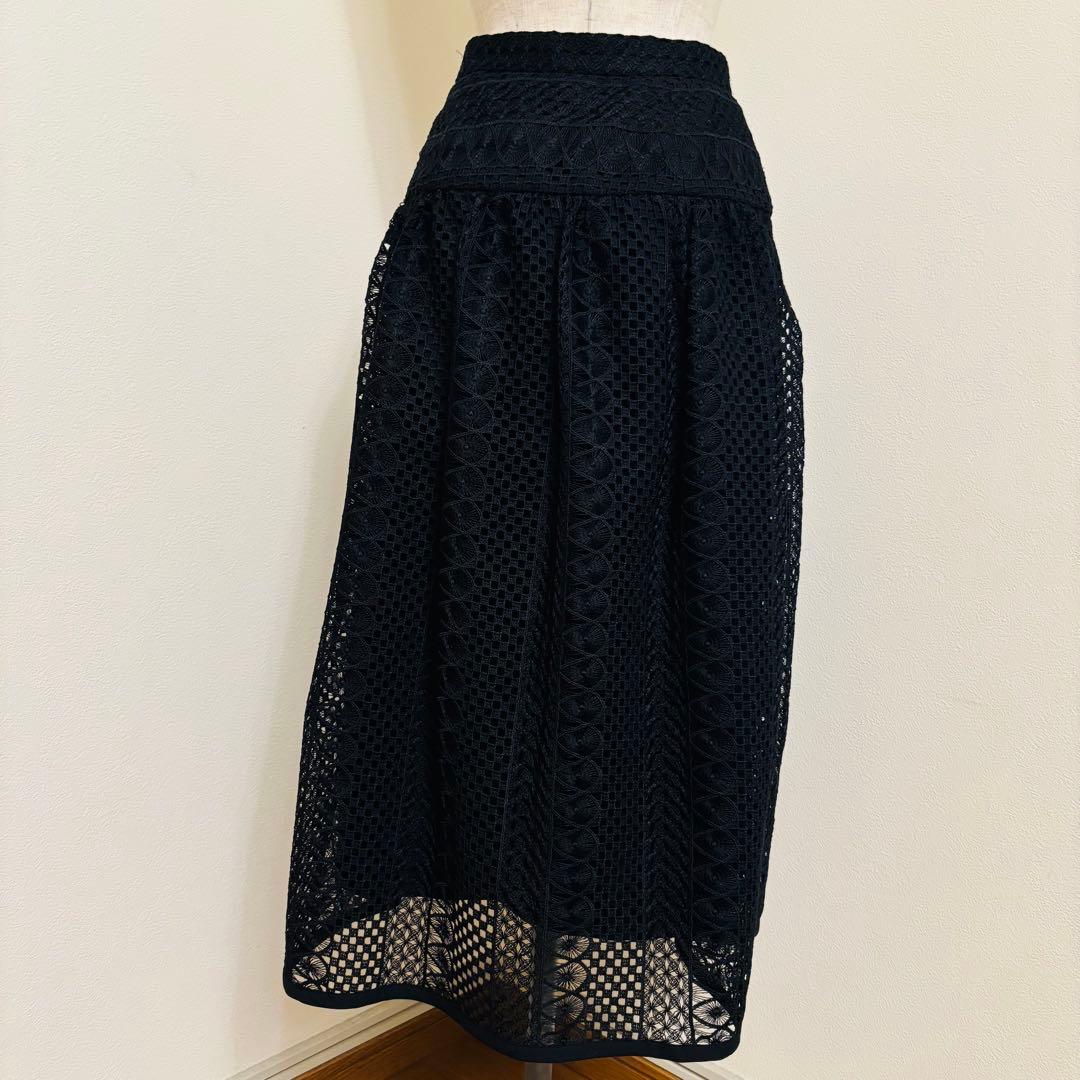 ANAYI アナイ 総レース フレアスカート 黒 36 S ミモレ丈 上品