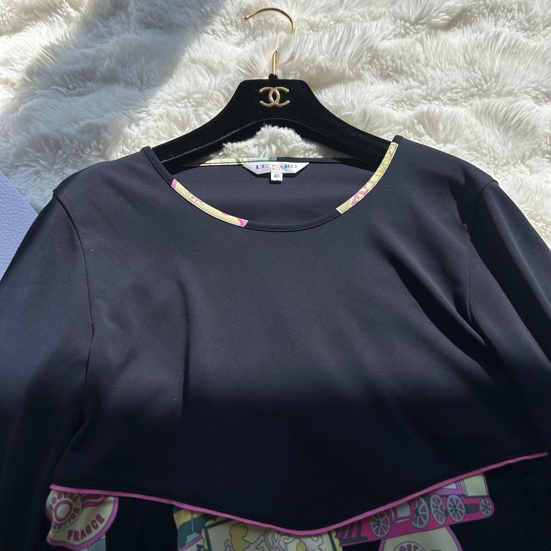 【美品】LEONARD 高級 Aラインワンピース 総柄 ピンク バラ 40