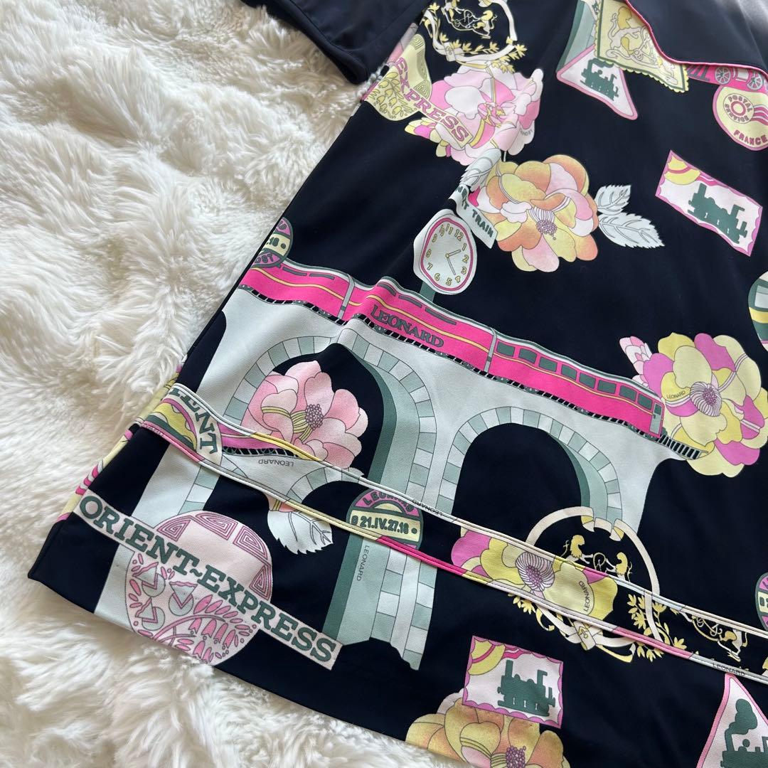 【美品】LEONARD 高級 Aラインワンピース 総柄 ピンク バラ 40