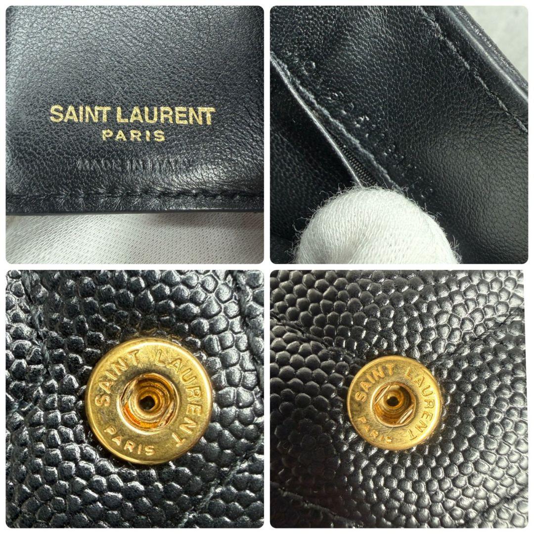 ★美品★サンローラン 三つ折り財布 Vステッチ キャビアスキン YSL ブラック