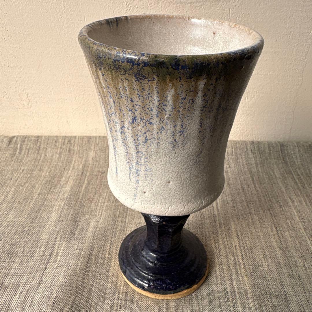 作家 陶芸家 ワイングラス ゴブレット 脚つき杯 高台 カップ 白 紺　セット