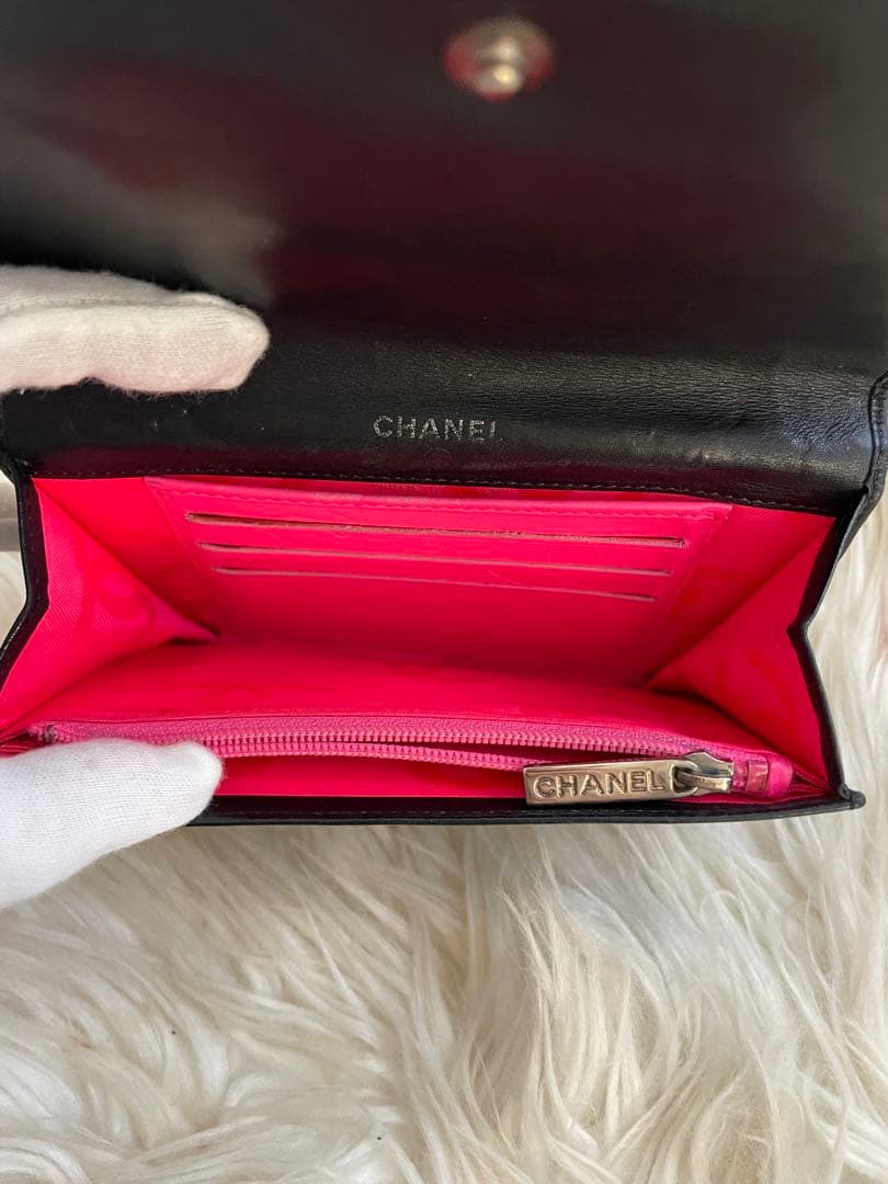シャネル CHANEL 財布 二つ折り カンボンライン ココマーク 黒 ピンク