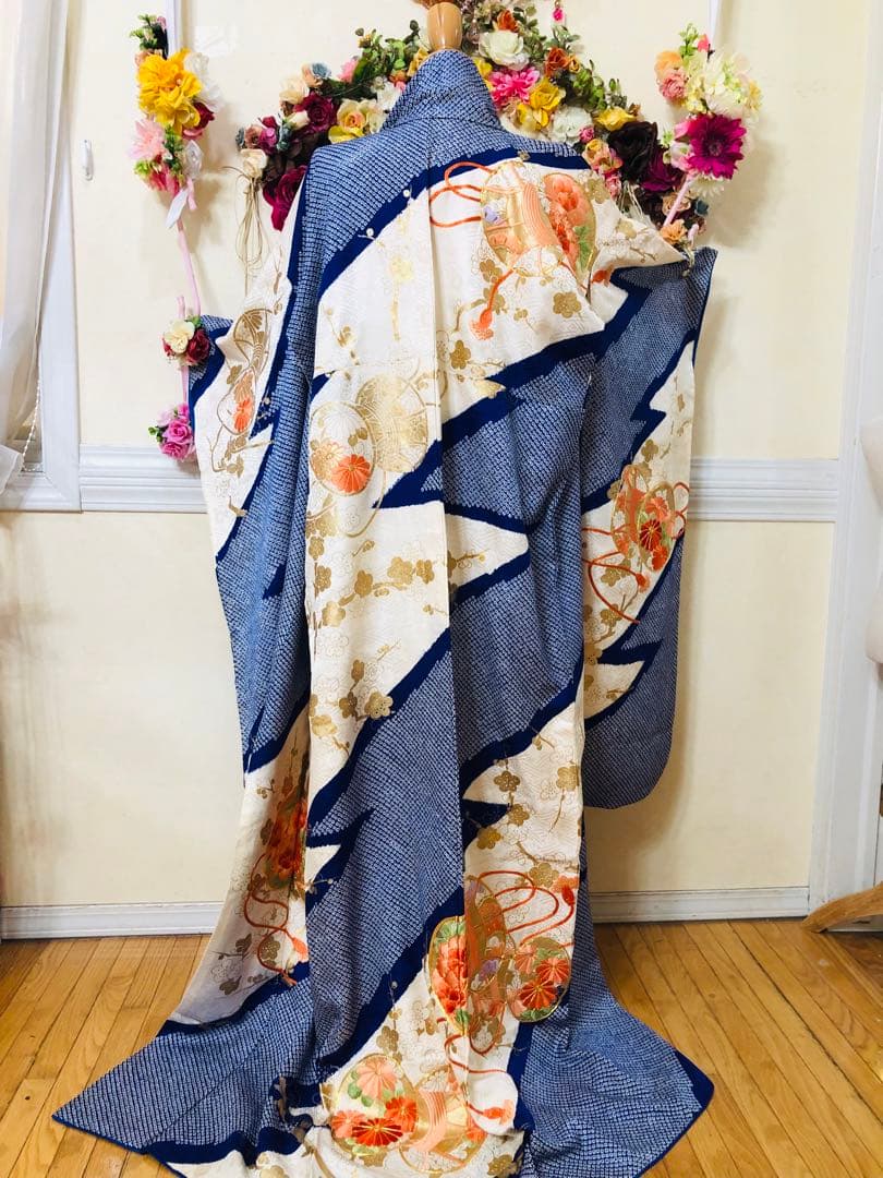 正絹 振袖フルセット‼️豪華振袖絞り⭐︎駒金糸刺繍煌びやか⭐︎花太鼓金彩 青系 逸品